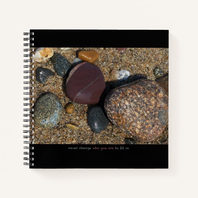Notebook w. image of stone + inspirational text (Front)