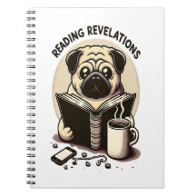 Notebook with a pug, coffee and book