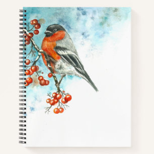 Notebook with Watercolor Eurasian Bullfinch