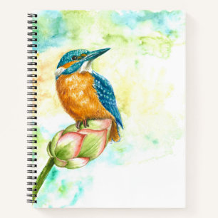Notebook with Watercolor Kingfisher on Lotus