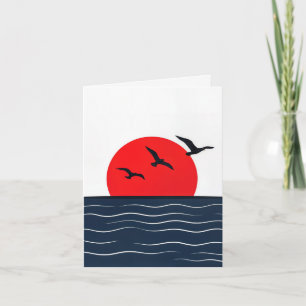 Notecard Seagulls on Red Sun in Ocean