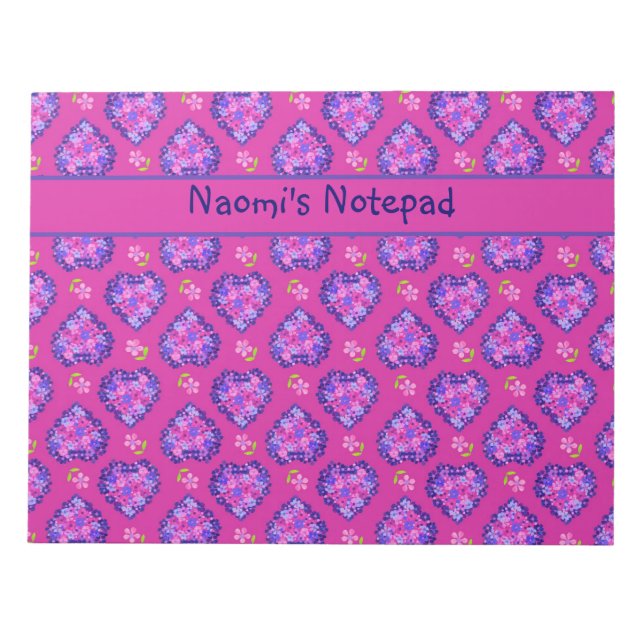Notepad or Jotter,  Hearts and Flowers on Magenta (Front)