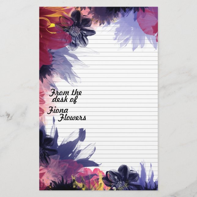 Notepaper Stationery Lined, Dark Colourful Flowers (Front)