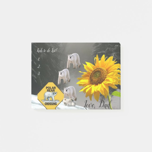 Notes Post it Notes, Sunflower Polar Bear Floral (Front)
