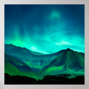 Nothern Lights Mountains Green Poster
