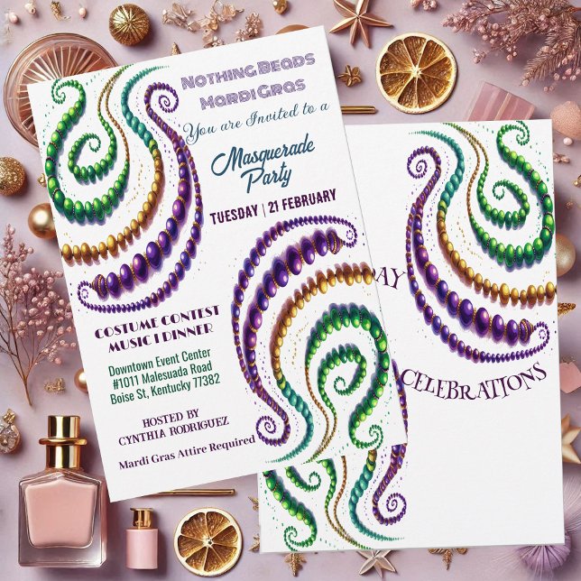 Nothing Beads Mardi Gras Colours Masquerade Party  Invitation (Nothing Beads Mardi Gras Colors Masquerade Party Invitation)
