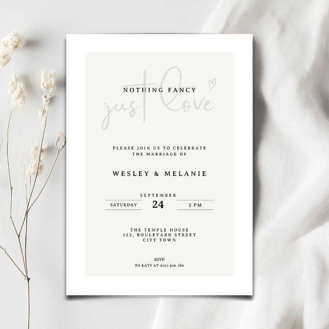 Nothing Fancy Just Love Beige Elegant Wedding Invitation (Nothing fancy just love minimalist wedding invitation)