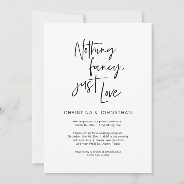 Nothing Fancy, Just Love, Black, Elopement Invitation (Front)