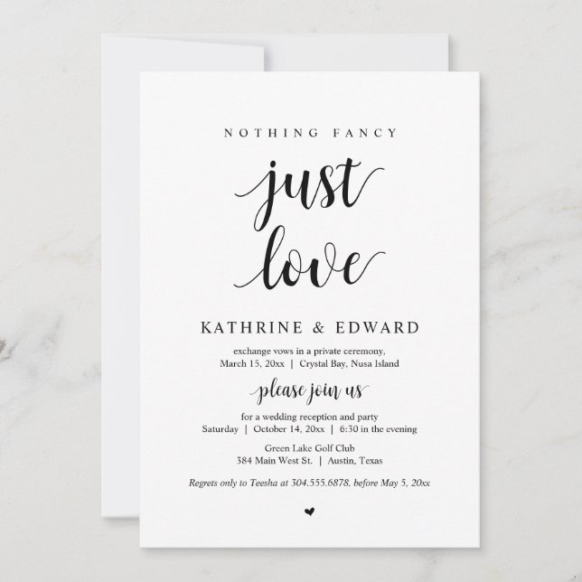 Nothing Fancy Just Love, Black, Elopement Party In Invitation (Front)