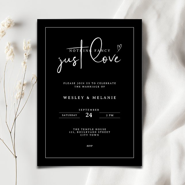Nothing Fancy Just Love Black Minimalist Wedding Invitation (Nothing fancy just love minimalist wedding invitation in black and white color)