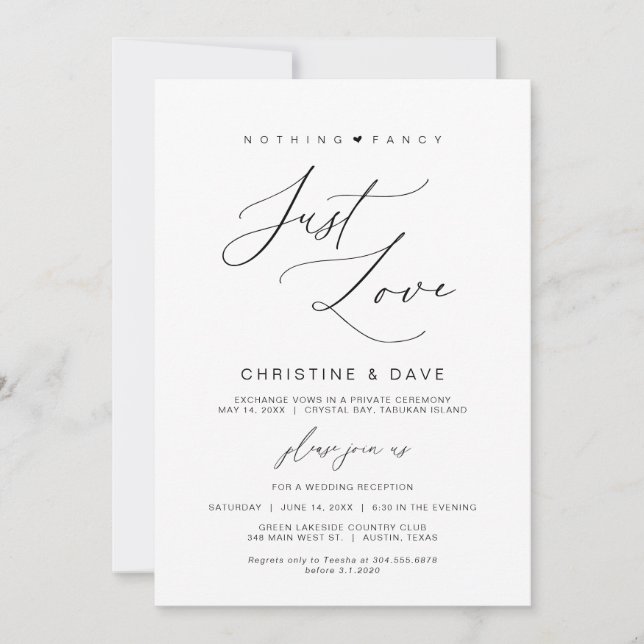 Nothing Fancy Just Love, Black, Wedding Elopement Invitation (Front)