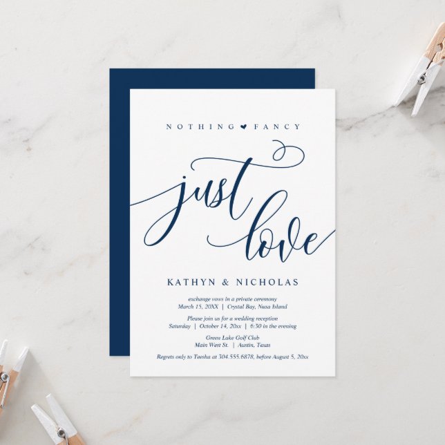 Nothing Fancy, Just Love, Black, Wedding Elopement Invitation (Front/Back In Situ)