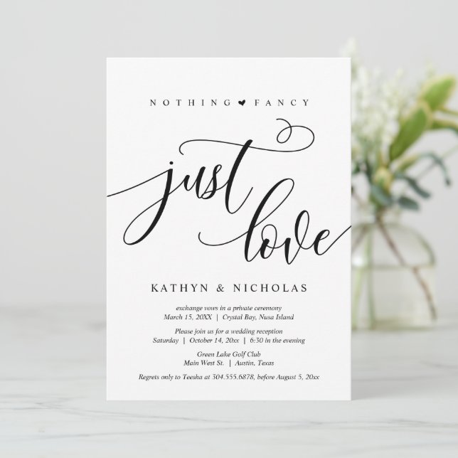 Nothing Fancy, Just Love, Black, Wedding Elopement Invitation (Standing Front)