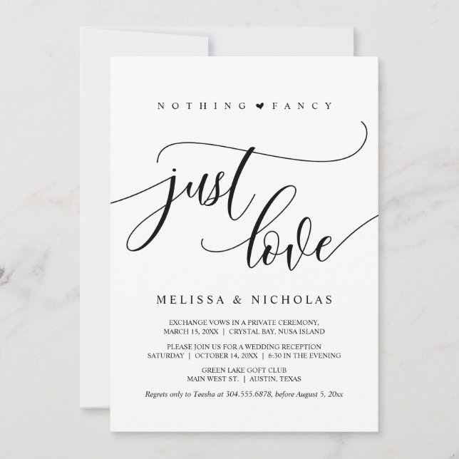Nothing Fancy, Just Love, Black, Wedding Elopement Invitation (Front)
