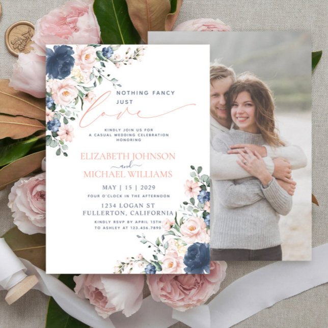 Nothing Fancy Just Love Blue Blush Photo Wedding Invitation (Creator Uploaded)