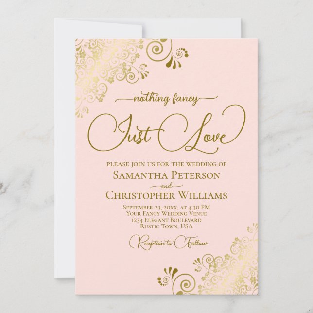Nothing Fancy Just Love Blush Pink & Gold Wedding Invitation (Front)