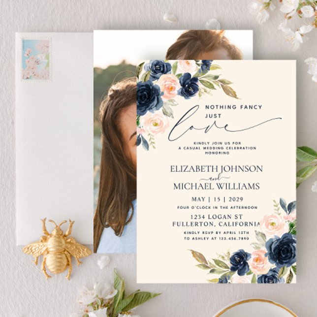 Nothing Fancy Just Love Blush Pink Navy Blue Photo Invitation (Creator Uploaded)