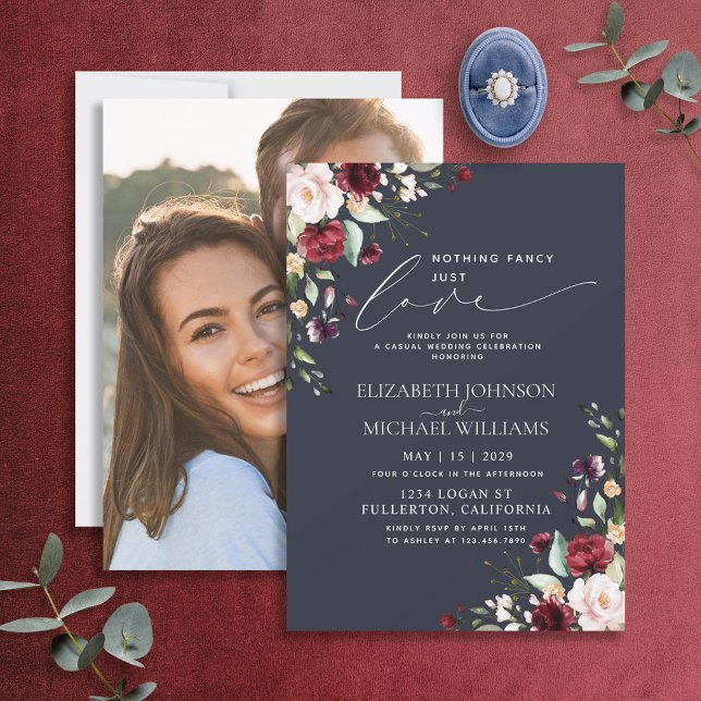 Nothing Fancy Just Love Burgundy Blush Blue Photo Invitation (Creator Uploaded)
