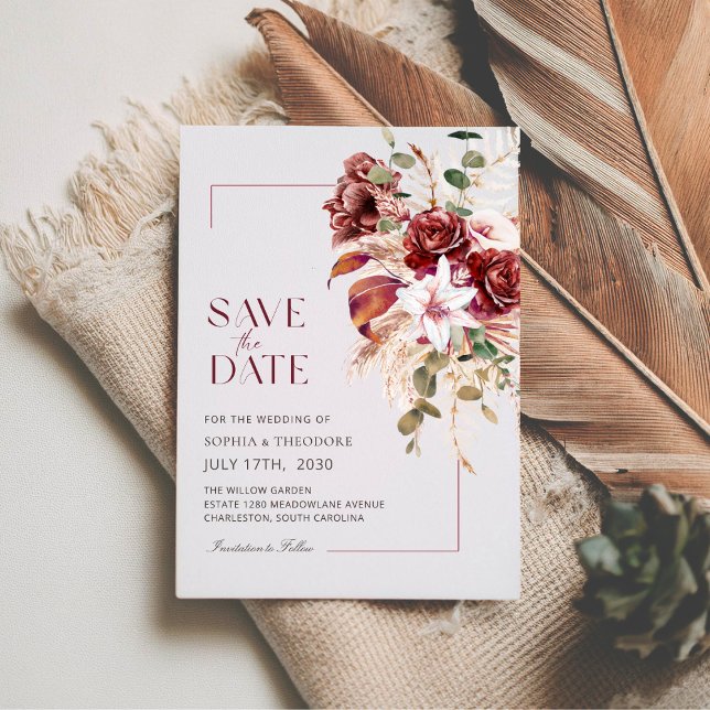 Nothing Fancy, Just Love Burgundy & Blush Floral Save The Date (Creator Uploaded)