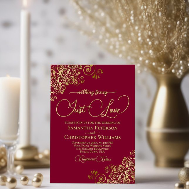 Nothing Fancy Just Love Burgundy & Gold Wedding Invitation (Creator Uploaded)