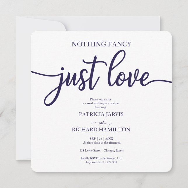Nothing Fancy Just Love Casual Wedding Navy Blue Invitation (Front)