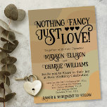 Nothing Fancy Just Love Earthtone Retro Wedding Invitation<br><div class="desc">This fun wedding invitation features a retro inspired design with a background of curved stripes in neutral earthtone shades of tan, taupe, and sage green. The caption reads: Nothing Fancy Just Love and is written in fun word art with curls, swirls, swashes, and hearts. Cute, modern, and casual, this invite...</div>