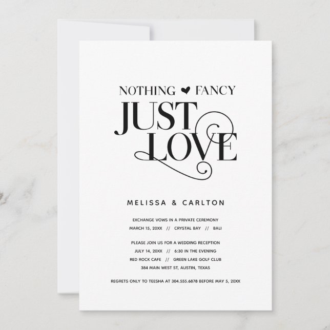 Nothing Fancy, Just Love, Elegant Black, Elopement Invitation (Front)
