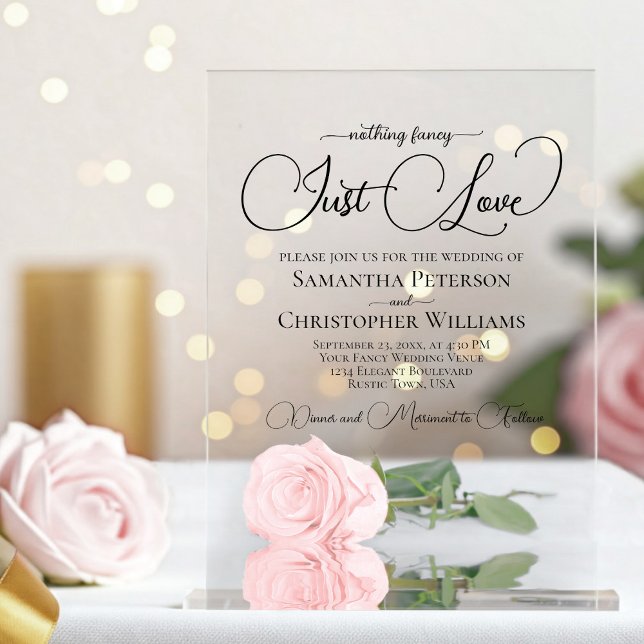 Nothing Fancy Just Love Elegant Pink Rose Wedding Acrylic Invitations (Clear Acrylic with Rectangle Cut)