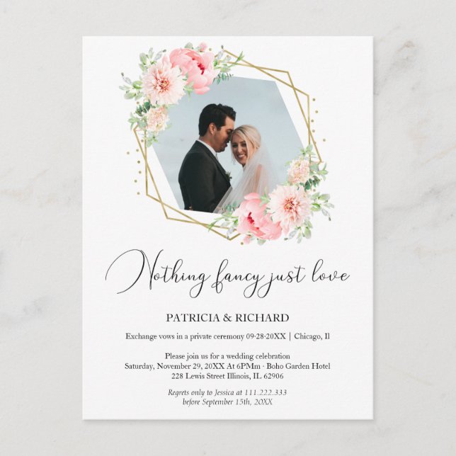Nothing Fancy Just Love Eloped Wedding Reception Postcard (Front)
