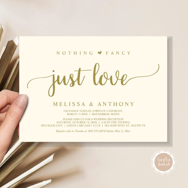 Nothing Fancy Just Love, Elopement, Rustic Wedding Invitation (Nothing Fancy Just Love, Elopement, Rustic Script Wedding Invitation Card, in Classy Gold)
