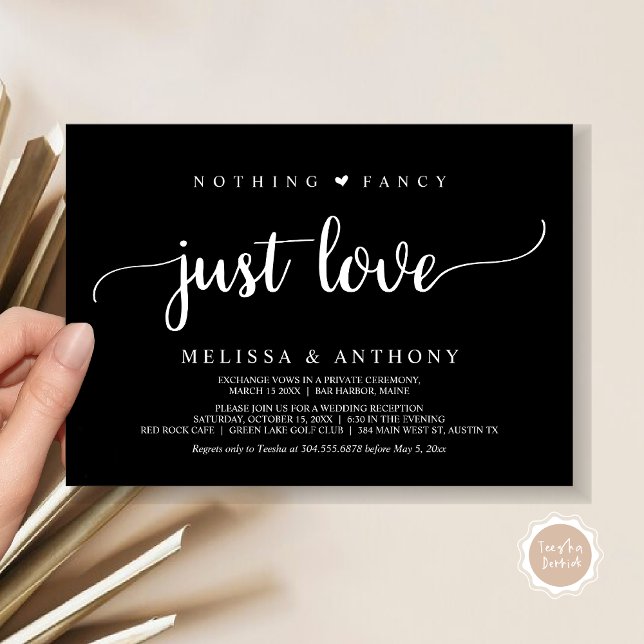 Nothing Fancy Just Love, Elopement, Rustic Wedding Invitation (Nothing Fancy Just Love, Elopement, Rustic Script Wedding Invitation Card, in Classy Black)
