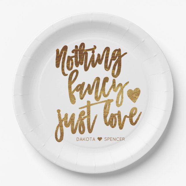 Nothing Fancy Just Love | Gold Heart Micro Wedding Paper Plate (Front)