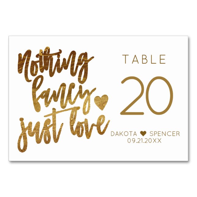 Nothing Fancy Just Love | Gold Heart Micro Wedding Table Number (Front)