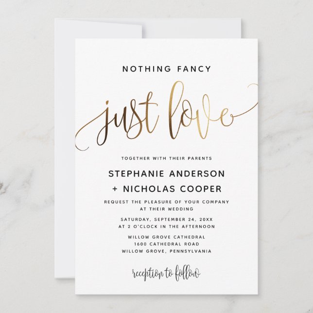 Nothing Fancy Just Love Gold Script Typography Invitation (Front)