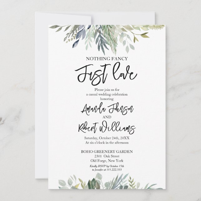 Nothing Fancy Just Love Greenery Wedding Invitation (Front)
