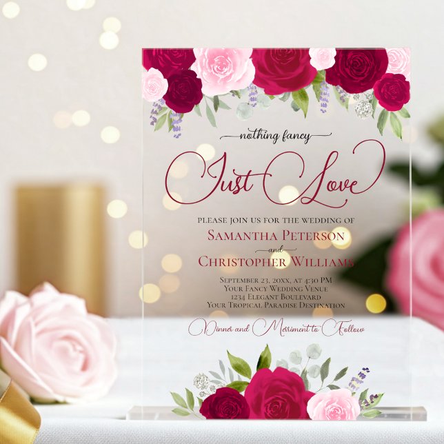 Nothing Fancy Just Love Hot Pink Roses Wedding Acrylic Invitations (Clear acrylic with Rectangle Cut)