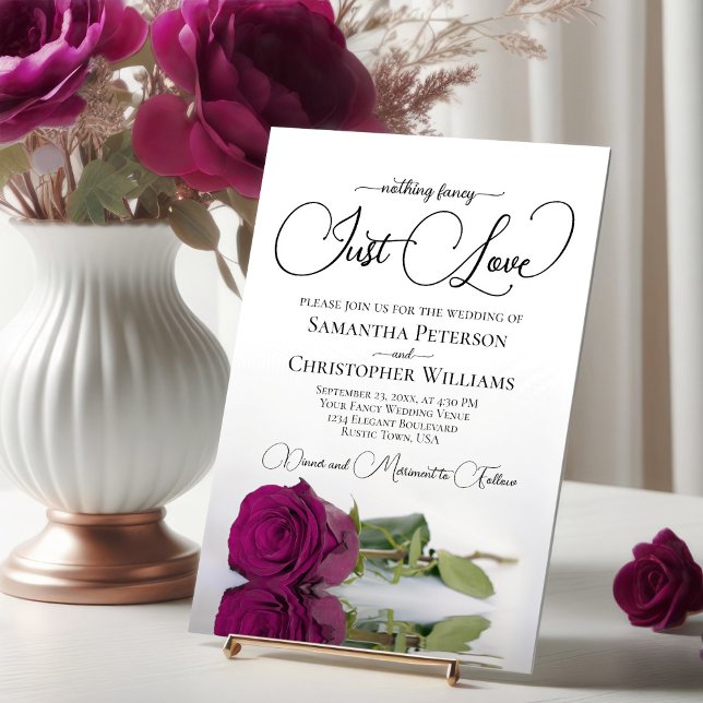 Nothing Fancy Just Love Magenta Berry Rose Wedding Invitation (Creator Uploaded)