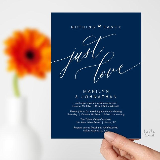 Nothing Fancy Just Love Minimalist Wedding Dinner Invitation (Nothing Fancy Just Love Modern Wedding Reception Dinner Invitation Card in Navy Blue)
