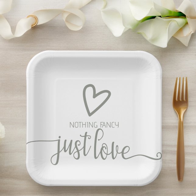 Nothing Fancy Just Love Minimalist Wedding Paper Plate (Nothing Fancy Just Love Minimalist Wedding Paper Plates from Ricaso. Sage green and white typography)