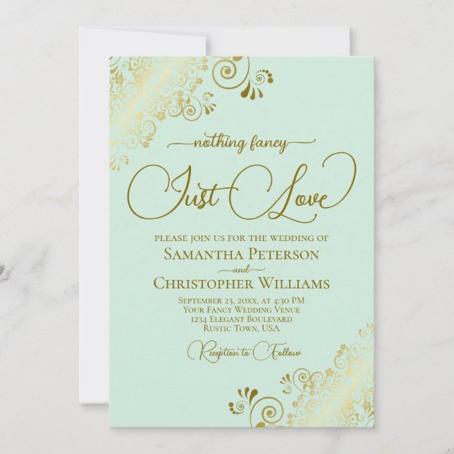 Nothing Fancy Just Love Mint Green & Gold Wedding Invitation (Front)