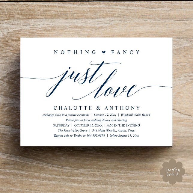 Nothing Fancy, Just Love, Modern Classy Reception Invitation (Modern Classy Nothing Fancy, Just Love, Wedding Reception Dinner Invitation Card in Navy Blue)