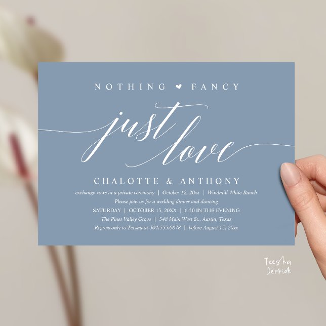 Nothing Fancy, Just Love, Modern Classy Reception Invitation (Modern Classy Nothing Fancy, Just Love, Wedding Reception Dinner Invitation Card in Dusty Blue)