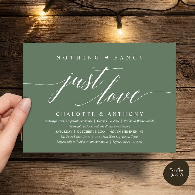 Nothing Fancy, Just Love, Modern Classy Reception Invitation (Modern Classy Nothing Fancy, Just Love, Wedding Reception Dinner Invitation Card in Sage Green)