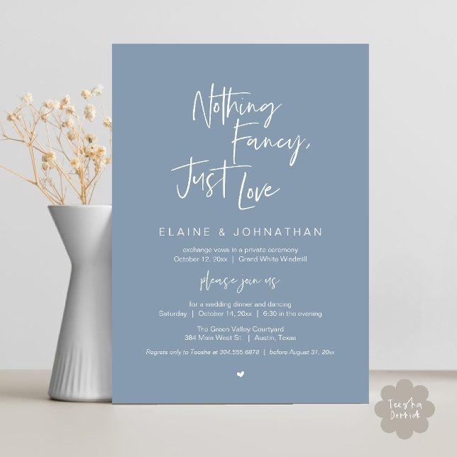 Nothing Fancy Just Love Modern Minimalist Casual Invitation (Nothing Fancy Just Love Modern Minimalist Casual Wedding Dinner Invitation Card in Dusty Blue)