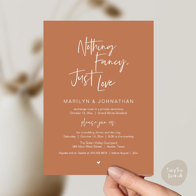 Nothing Fancy Just Love, Modern Reception Dinner  Invitation (Nothing Fancy Just Love, Modern Reception Dinner Invitation Card in Terracotta Copper Brown)