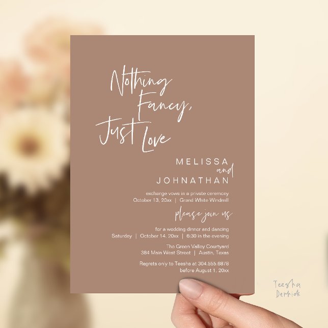 Nothing Fancy Just Love, Modern Wedding Dinner  Invitation (Nothing Fancy Just Love, Modern Wedding Dinner Invitation Card in Warm Taupe Brown)