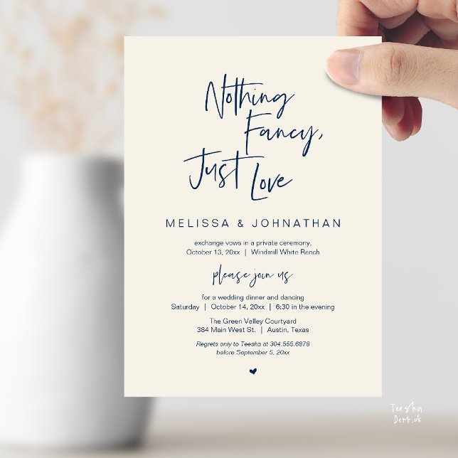 Nothing Fancy Just Love, Modern Wedding Dinner Invitation (Nothing Fancy Just Love, Modern Wedding Reception Dinner Lunch Brunch Invites Card Navy Blue Ivory)