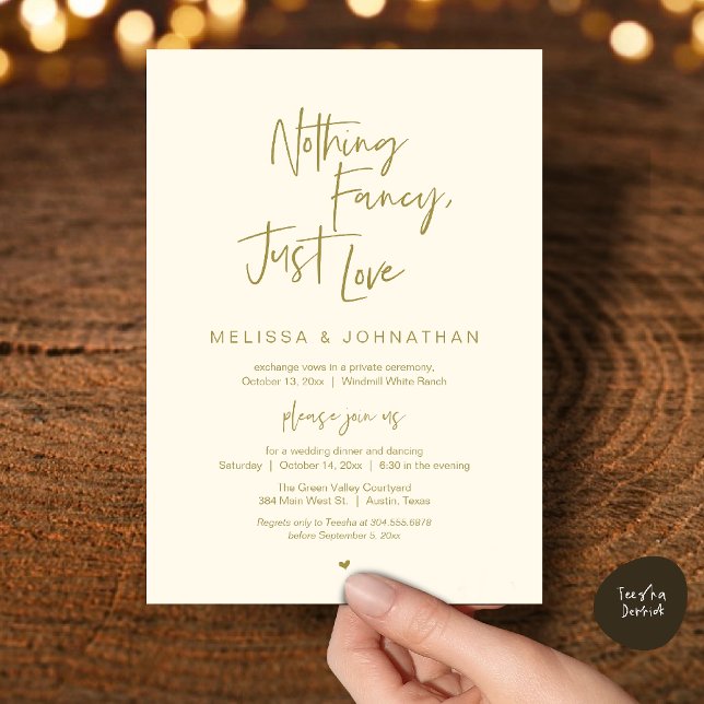 Nothing Fancy Just Love, Modern Wedding Dinner Invitation (Nothing Fancy Just Love, Modern Wedding Reception Dinner Lunch Brunch Invites Card in Yellow Gold)