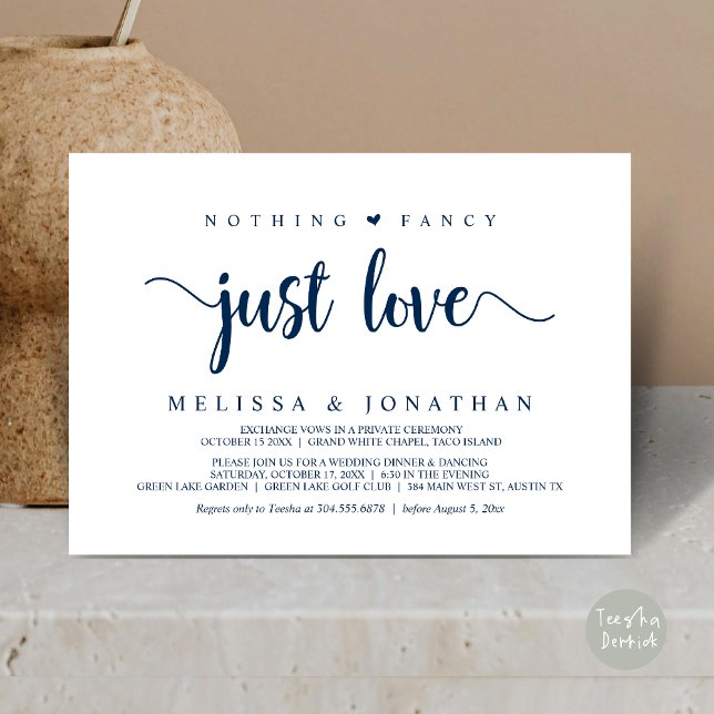 Nothing Fancy Just Love, Modern Wedding Elopement Invitation (Nothing Fancy Just Love, Modern Rustic Wedding Elopement Dinner Invitation Card, PDF, Navy Blue)
