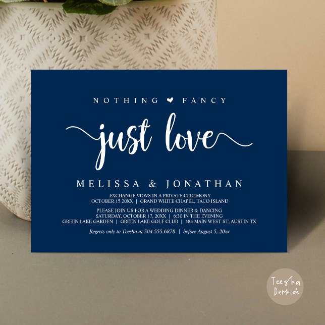Nothing Fancy Just Love, Modern Wedding Elopement Invitation (Nothing Fancy Just Love, Modern Rustic Wedding Elopement Dinner Invitation Card, PDF, Navy Blue)